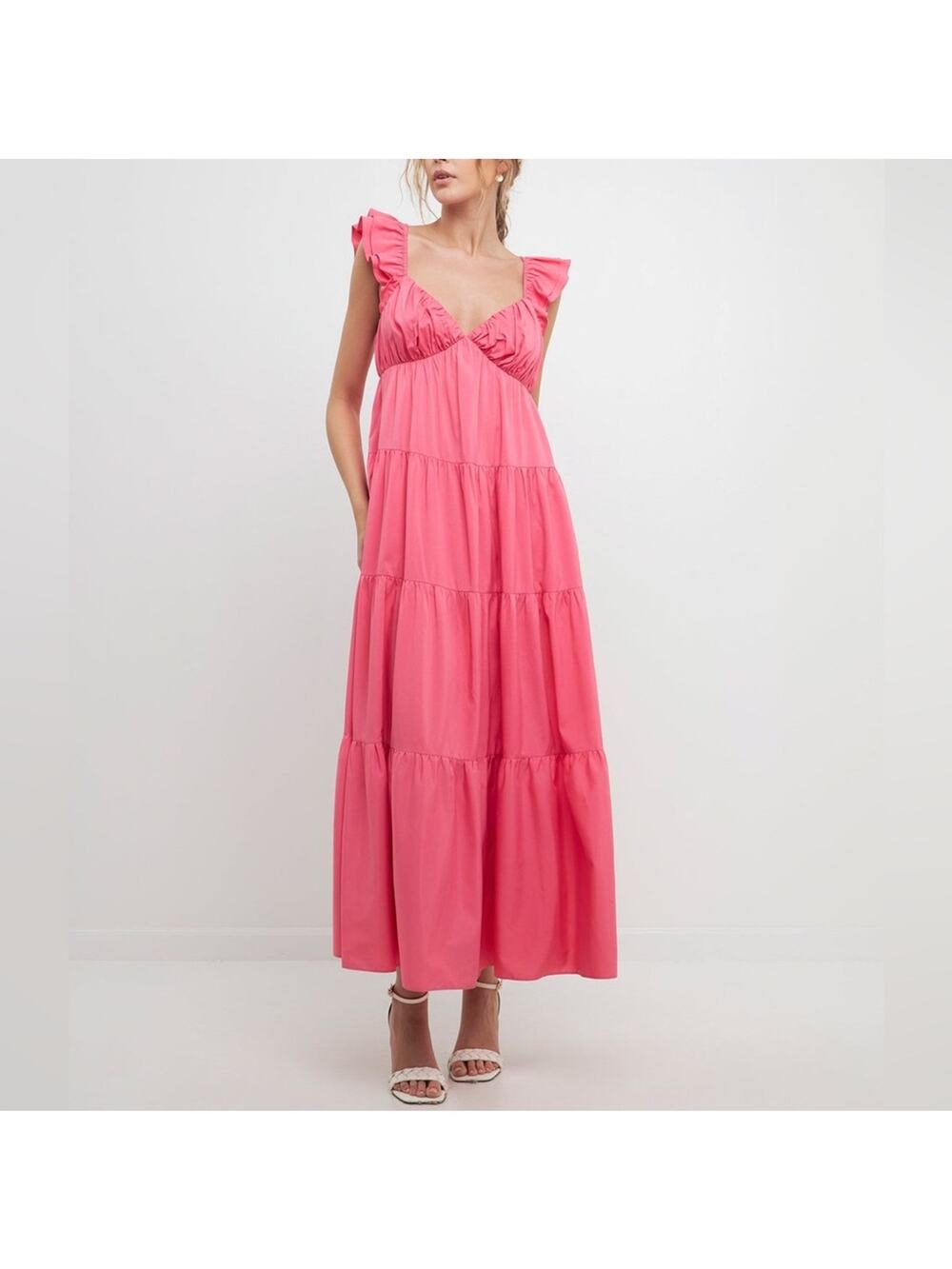 Free The Roses Ruffle Sleeve Tiered Maxi Dress Pink Size Small